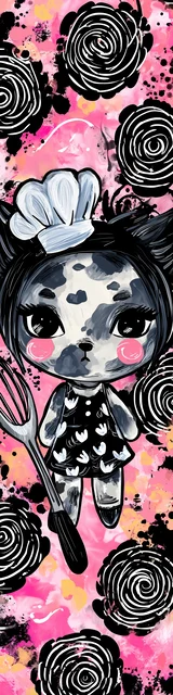 Free kawaii cats bookmark featuring a smudge-style cat holding a spatula